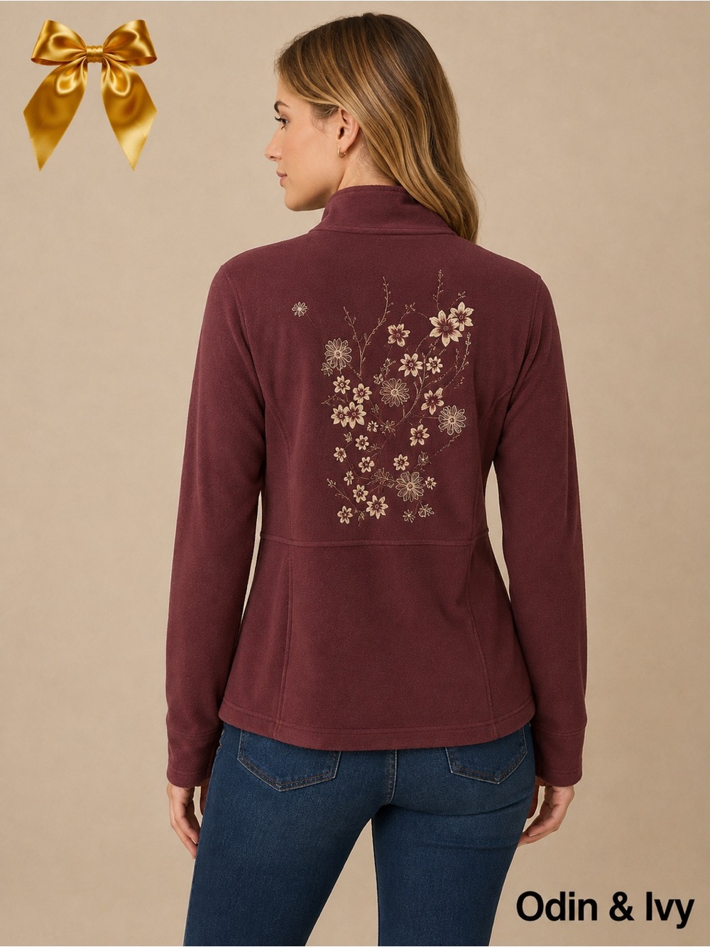 Odin & Ivy Ruched Back Decorated Burgundy Pockets Full Zip Cover Sx L